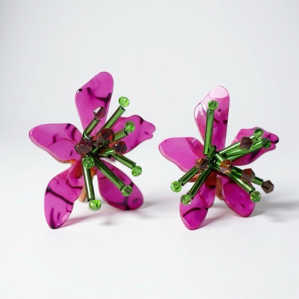 Flower Earrings Zara Silver Pink Stud Statement Purple Exaggerated VTG Bead Y2K